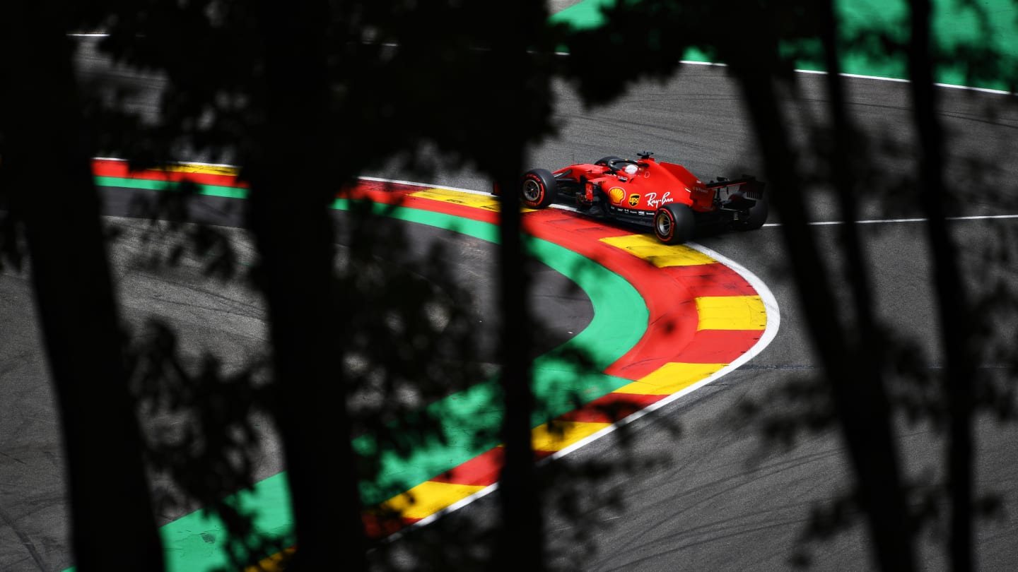 SPA, BELGIUM - AUGUST 29: Sebastian Vettel of Germany driving the (5) Scuderia Ferrari SF1000 during qualifying for the F1 Grand Prix of Belgium at Circuit de Spa-Francorchamps on August 29, 2020 in Spa, Belgium. (Photo by Clive Mason - Formula 1/Formula 1 via Getty Images)
