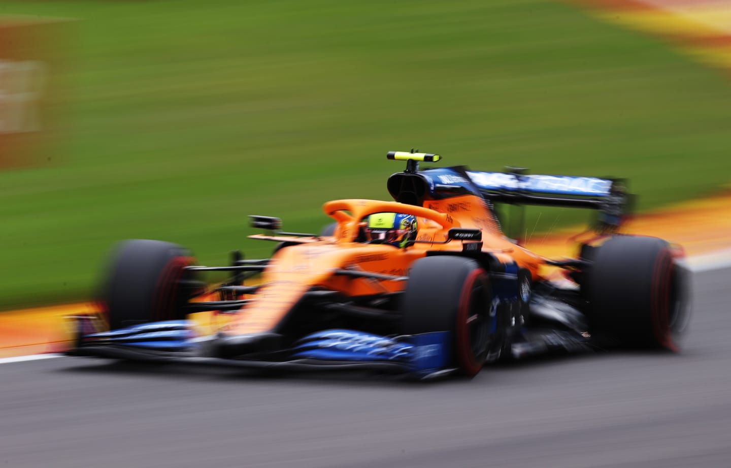 SPA, BELGIUM - AUGUST 29: Lando Norris of Great Britain driving the (4) McLaren F1 Team MCL35 Renault on track during qualifying for the F1 Grand Prix of Belgium at Circuit de Spa-Francorchamps on August 29, 2020 in Spa, Belgium. (Photo by Lars Baron/Getty Images)