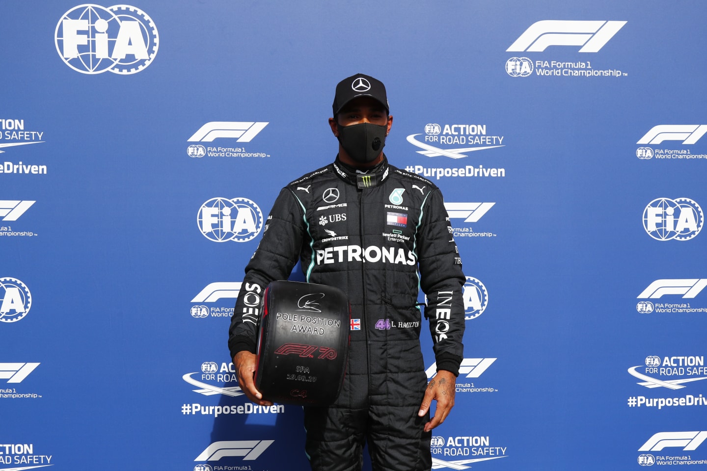 SPA, BELGIUM - AUGUST 29: Pole position qualifier Lewis Hamilton of Great Britain and Mercedes GP celebrates in parc ferme  during qualifying for the F1 Grand Prix of Belgium at Circuit de Spa-Francorchamps on August 29, 2020 in Spa, Belgium. (Photo by Francois Lenoir/Pool via Getty Images)