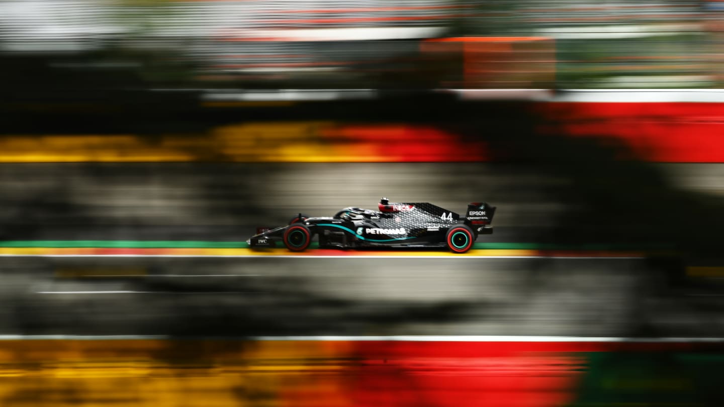 SPA, BELGIUM - AUGUST 29: Lewis Hamilton of Great Britain driving the (44) Mercedes AMG Petronas F1 Team Mercedes W11 during qualifying for the F1 Grand Prix of Belgium at Circuit de Spa-Francorchamps on August 29, 2020 in Spa, Belgium. (Photo by Clive Mason - Formula 1/Formula 1 via Getty Images)