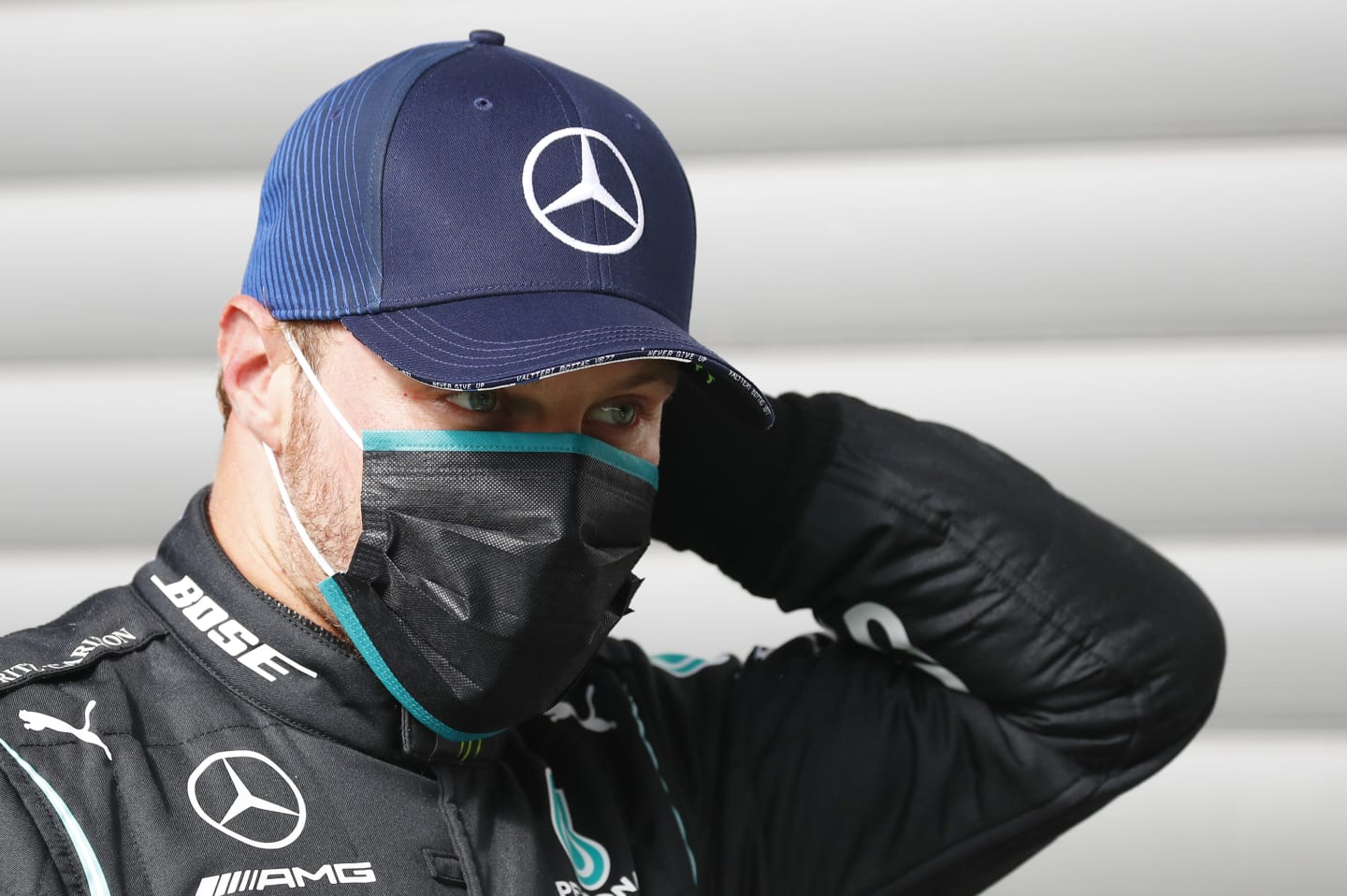 SPA, BELGIUM - AUGUST 29: Second place qualifier Valtteri Bottas of Finland and Mercedes GP looks on in parc ferme during qualifying for the F1 Grand Prix of Belgium at Circuit de Spa-Francorchamps on August 29, 2020 in Spa, Belgium. (Photo by Francois Lenoir/Pool via Getty Images)