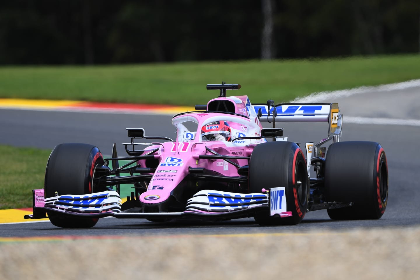 SPA, BELGIUM - AUGUST 29: Sergio Perez of Mexico driving the (11) Racing Point RP20 Mercedes drives