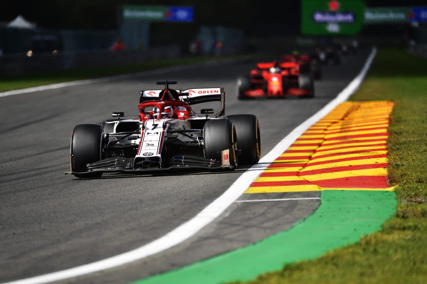 SPA, BELGIUM - AUGUST 30: Kimi Raikkonen of Finland driving the (7) Alfa Romeo Racing C39 Ferrari on track during the F1 Grand Prix of Belgium at Circuit de Spa-Francorchamps on August 30, 2020 in Spa, Belgium. (Photo by John Thuys/Pool via Getty Images)