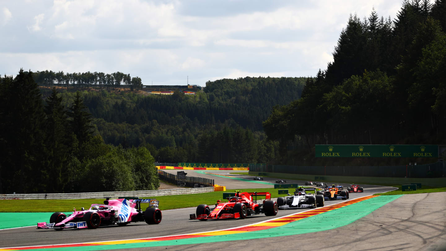 SPA, BELGIUM - AUGUST 30: Sergio Perez of Mexico driving the (11) Racing Point RP20 Mercedes leads