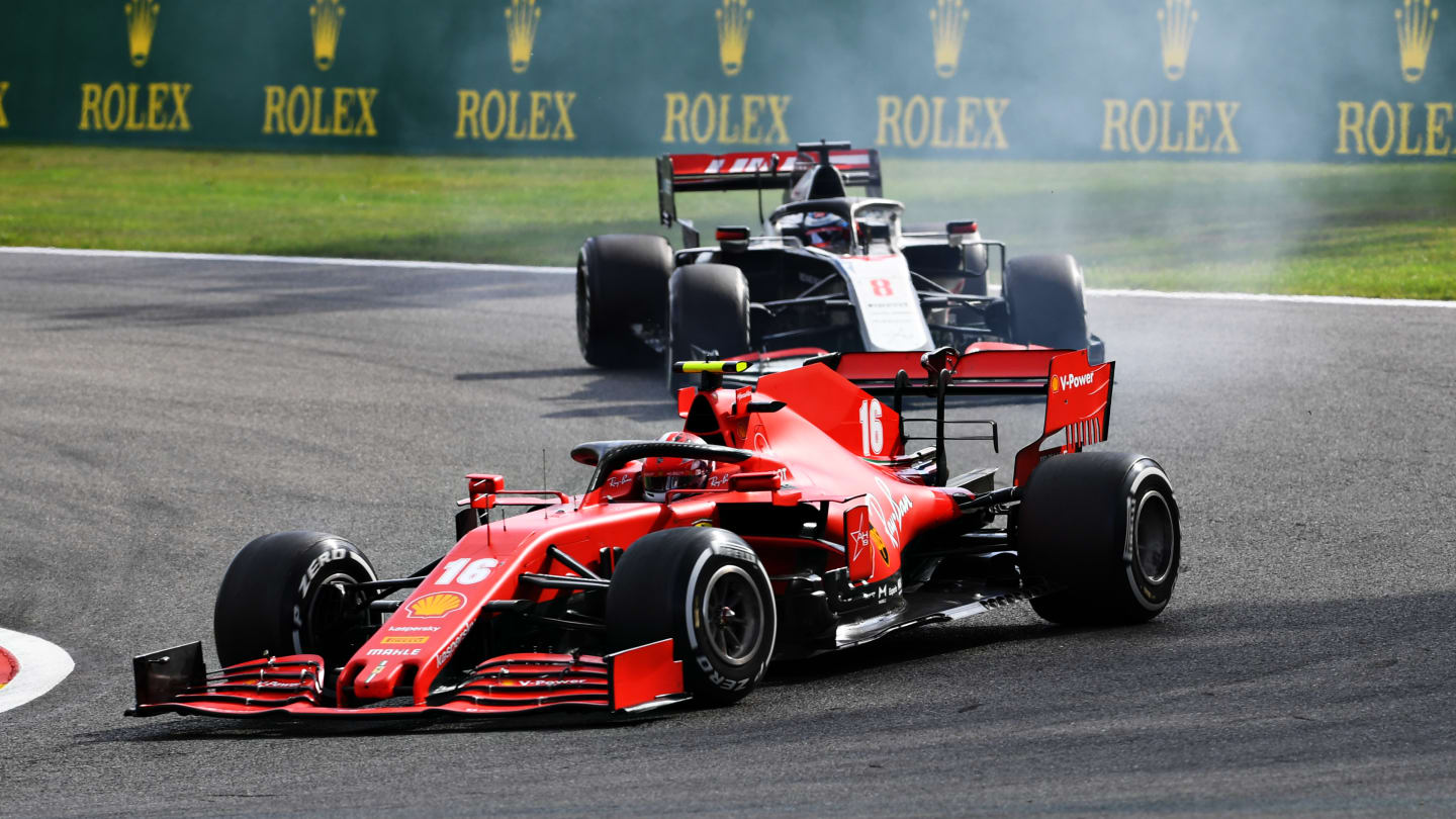 SPA, BELGIUM - AUGUST 30: Charles Leclerc of Monaco driving the (16) Scuderia Ferrari SF1000 leads