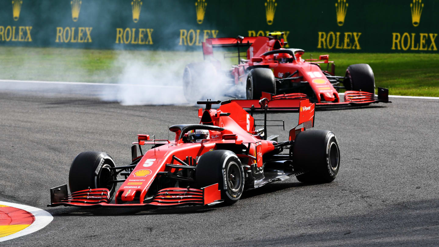 SPA, BELGIUM - AUGUST 30: Sebastian Vettel of Germany driving the (5) Scuderia Ferrari SF1000 leads Charles Leclerc of Monaco driving the (16) Scuderia Ferrari SF1000 locking a wheel under braking during the F1 Grand Prix of Belgium at Circuit de Spa-Francorchamps on August 30, 2020 in Spa, Belgium. (Photo by Clive Mason - Formula 1/Formula 1 via Getty Images)
