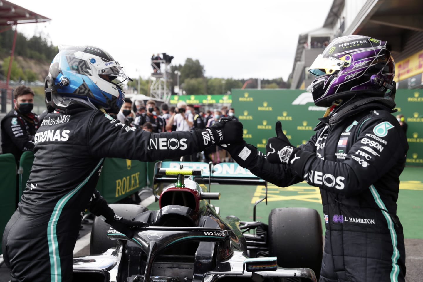 SPA, BELGIUM - AUGUST 30: Race winner Lewis Hamilton of Great Britain and Mercedes GP celebrates with teammate second placed Valtteri Bottas of Finland and Mercedes GP in parc ferme during the F1 Grand Prix of Belgium at Circuit de Spa-Francorchamps on August 30, 2020 in Spa, Belgium. (Photo by Stephanie Lecocq/Pool via Getty Images)