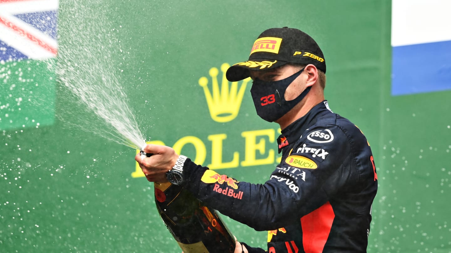 SPA, BELGIUM - AUGUST 30: Third placed Max Verstappen of Netherlands and Red Bull Racing celebrates on the podium during the F1 Grand Prix of Belgium at Circuit de Spa-Francorchamps on August 30, 2020 in Spa, Belgium. (Photo by Clive Mason - Formula 1/Formula 1 via Getty Images)