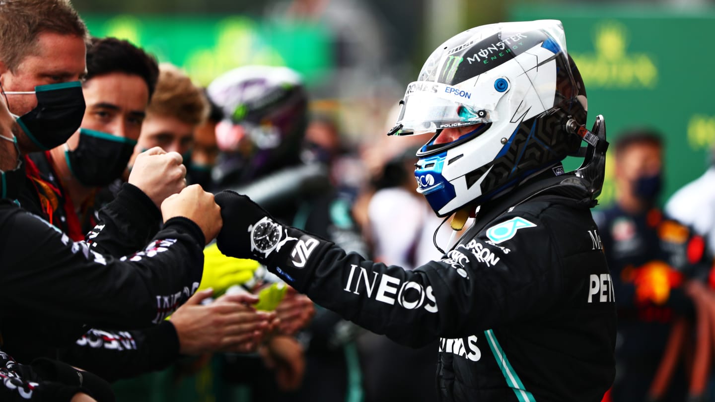 SPA, BELGIUM - AUGUST 30: Second placed Valtteri Bottas of Finland and Mercedes GP celebrates with teammates in parc ferme during the F1 Grand Prix of Belgium at Circuit de Spa-Francorchamps on August 30, 2020 in Spa, Belgium. (Photo by Dan Istitene - Formula 1/Formula 1 via Getty Images)