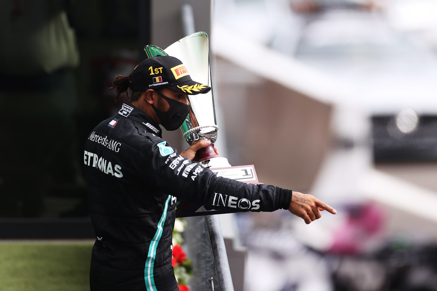 SPA, BELGIUM - AUGUST 30: Race winner Lewis Hamilton of Great Britain and Mercedes GP celebrates on the podium during the F1 Grand Prix of Belgium at Circuit de Spa-Francorchamps on August 30, 2020 in Spa, Belgium. (Photo by Lars Baron/Getty Images)