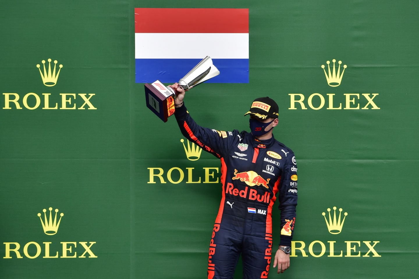 SPA, BELGIUM - AUGUST 30: Third placed Max Verstappen of Netherlands and Red Bull Racing celebrates on the podium during the F1 Grand Prix of Belgium at Circuit de Spa-Francorchamps on August 30, 2020 in Spa, Belgium. (Photo by John Thuys/Pool via Getty Images)