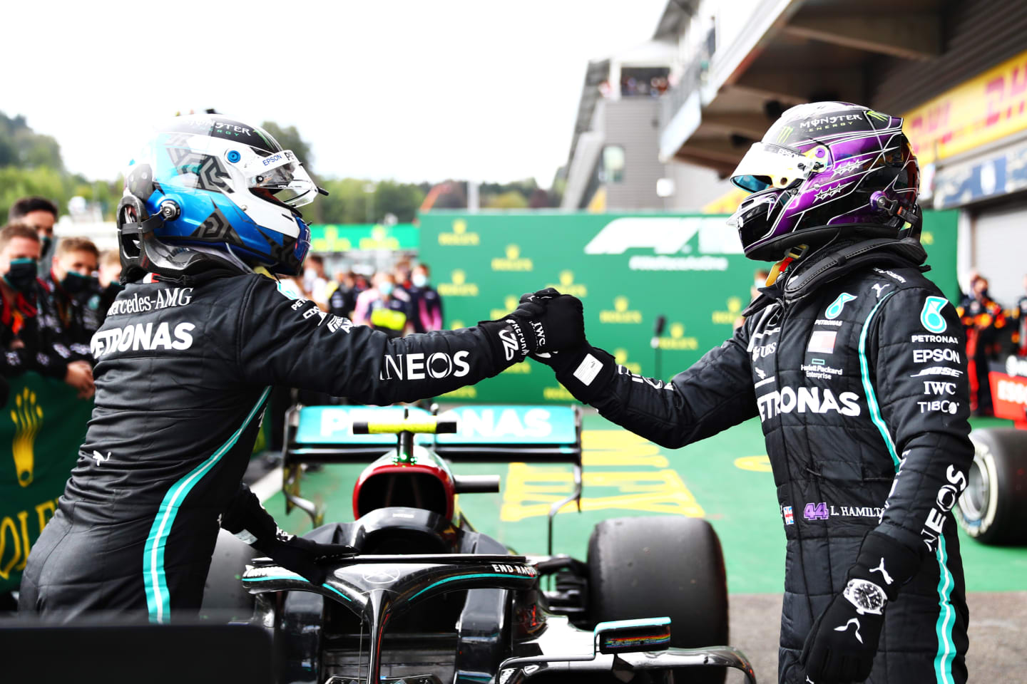 SPA, BELGIUM - AUGUST 30: Race winner Lewis Hamilton of Great Britain and Mercedes GP fist bumps