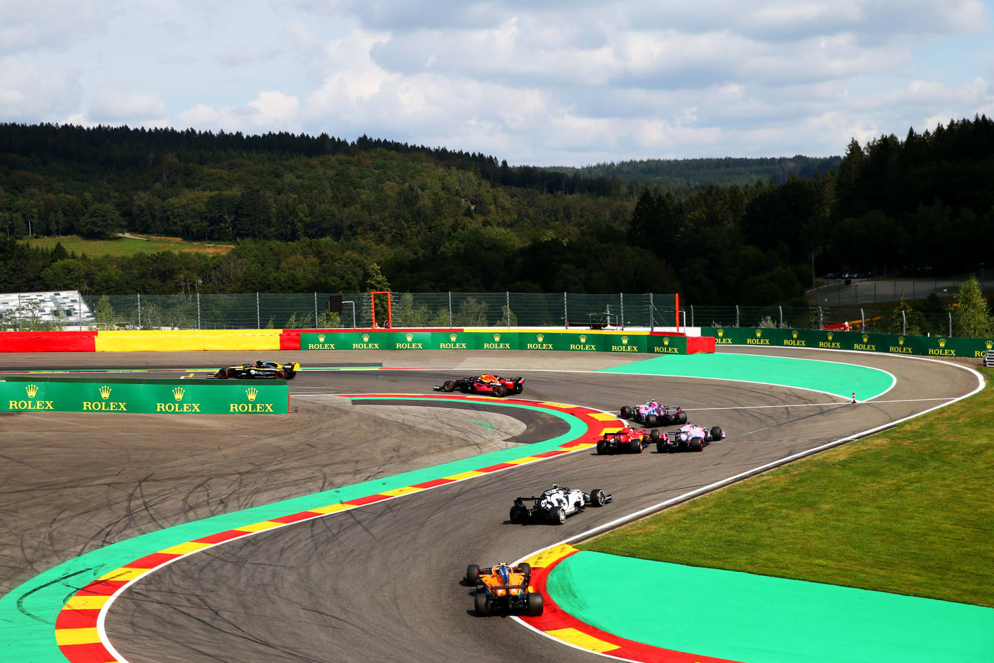 SPA, BELGIUM - AUGUST 30: A general view as cars round the last corners during the F1 Grand Prix of