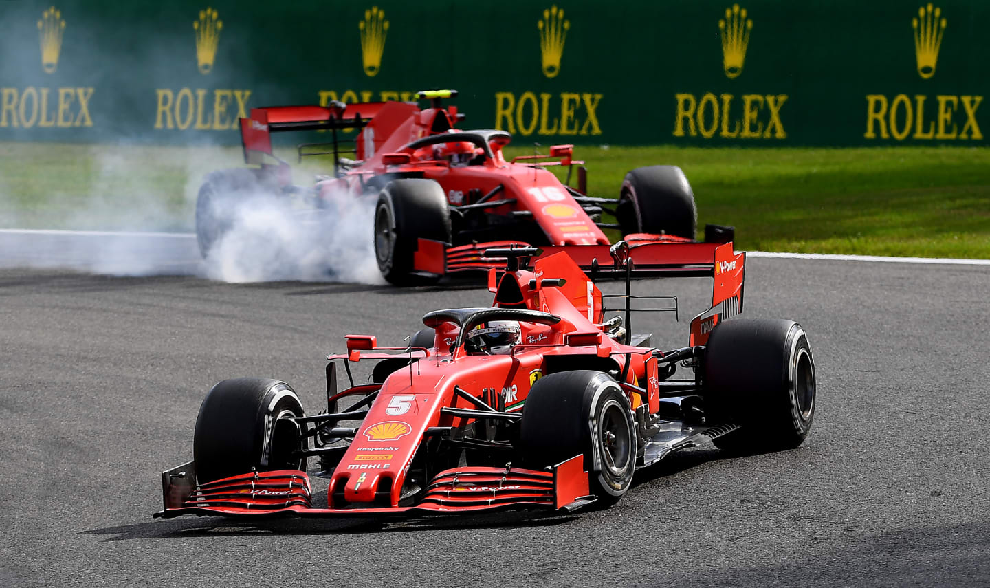 SPA, BELGIUM - AUGUST 30: Sebastian Vettel of Germany driving the (5) Scuderia Ferrari SF1000 leads