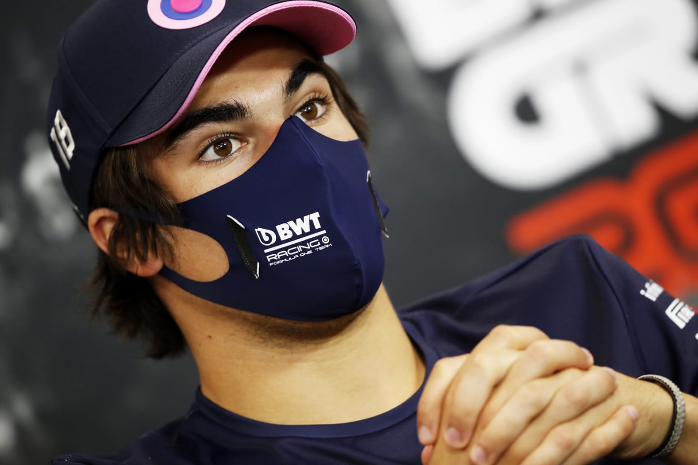 SPA, BELGIUM - AUGUST 27: Lance Stroll of Canada and Racing Point talks in the Drivers Press