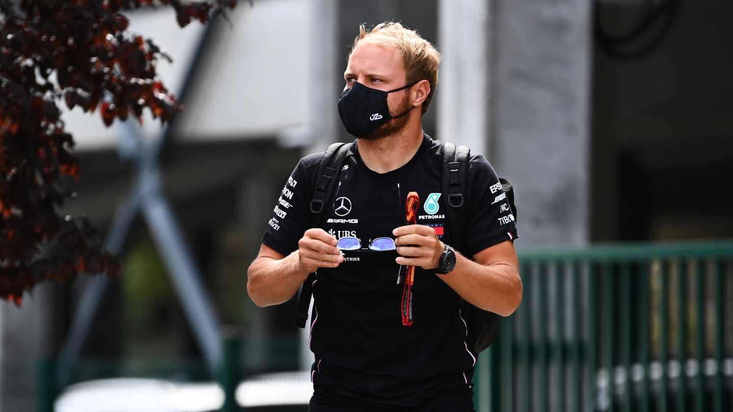 SPA, BELGIUM - AUGUST 27: Valtteri Bottas of Finland and Mercedes GP arrives at the track during