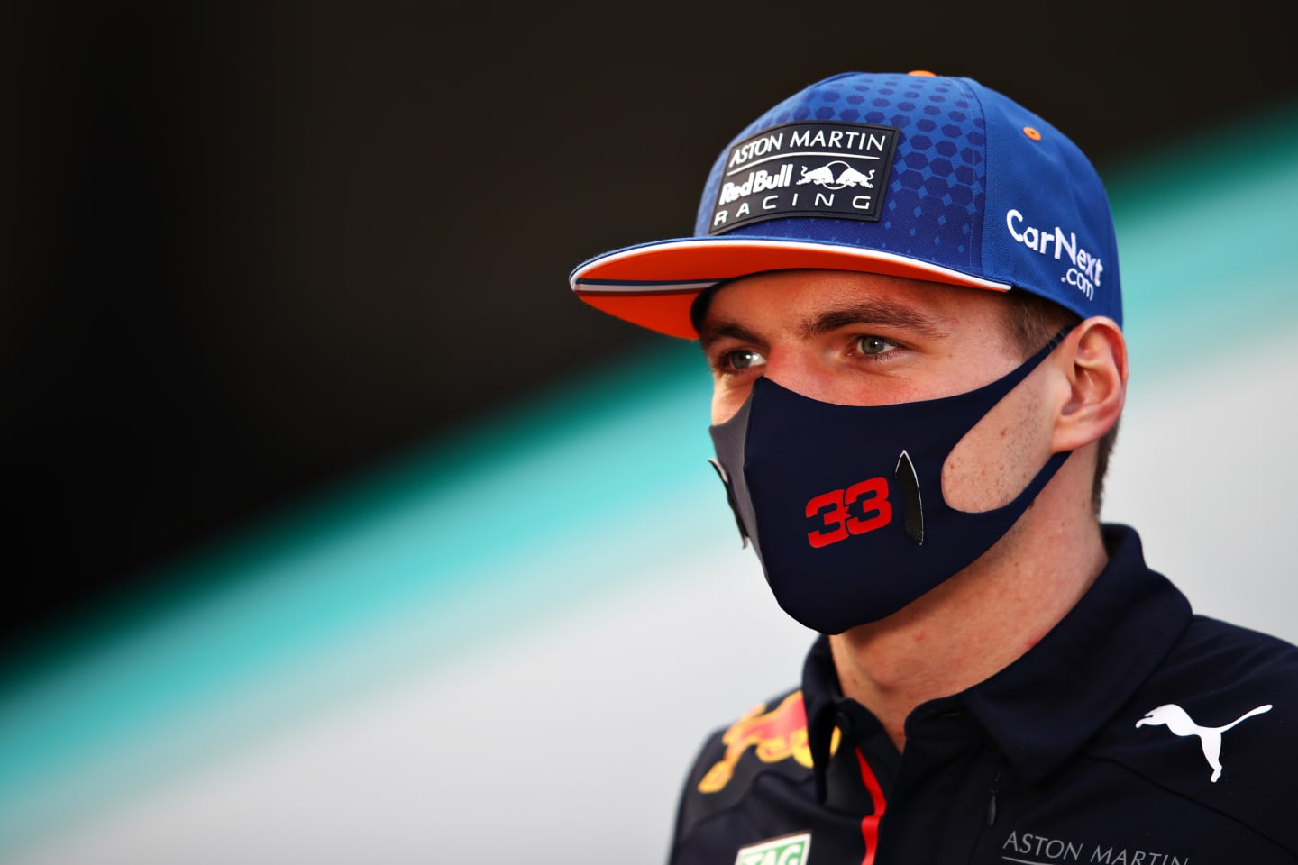 IMOLA, ITALY - OCTOBER 30: Max Verstappen of Netherlands and Red Bull Racing talks to the media in