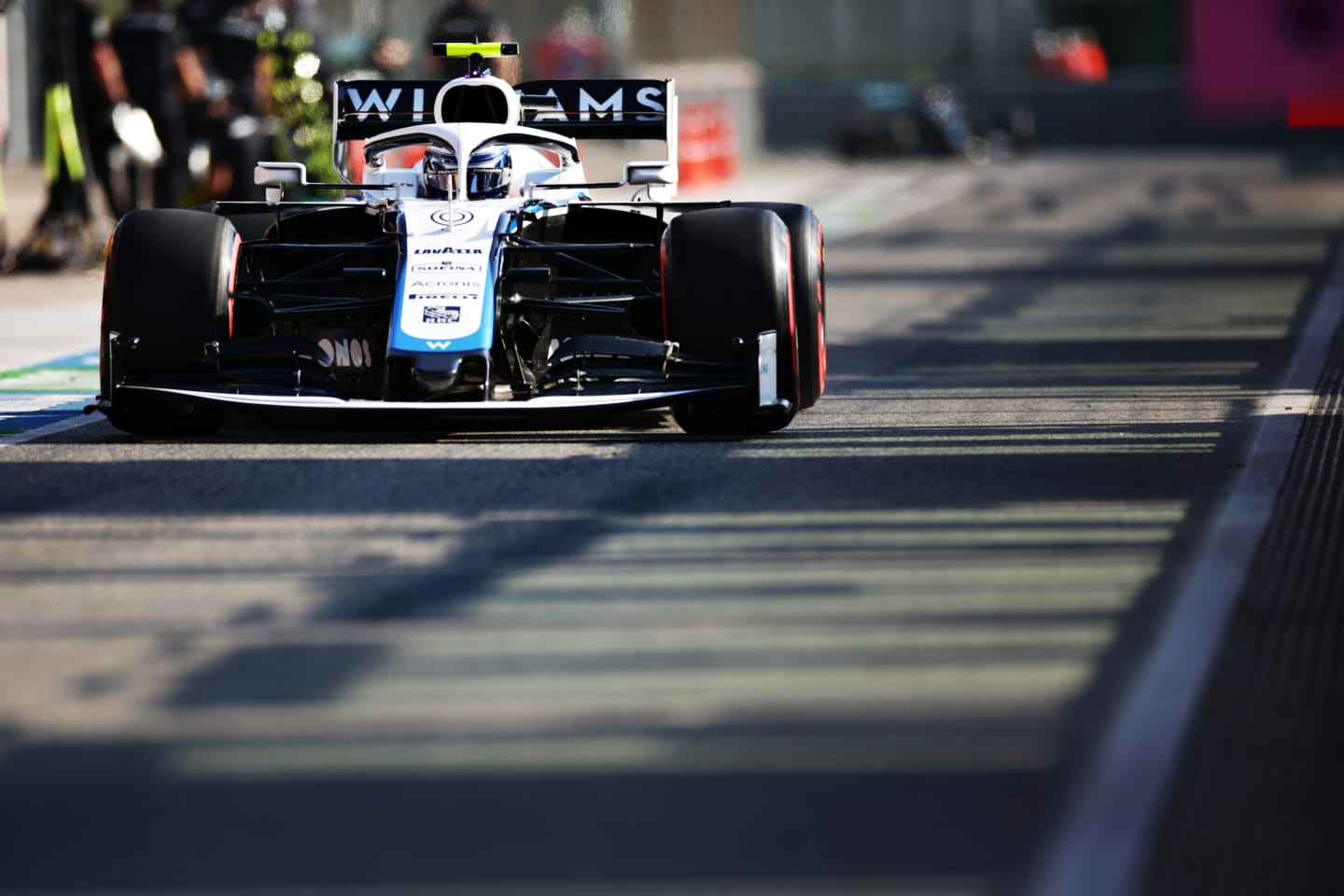IMOLA, ITALY - OCTOBER 31: Nicholas Latifi of Canada driving the (6) Williams Racing FW43 Mercedes in the Pitlane during practice ahead of the F1 Grand Prix of Emilia Romagna at Autodromo Enzo e Dino Ferrari on October 31, 2020 in Imola, Italy. (Photo by Peter Fox/Getty Images)