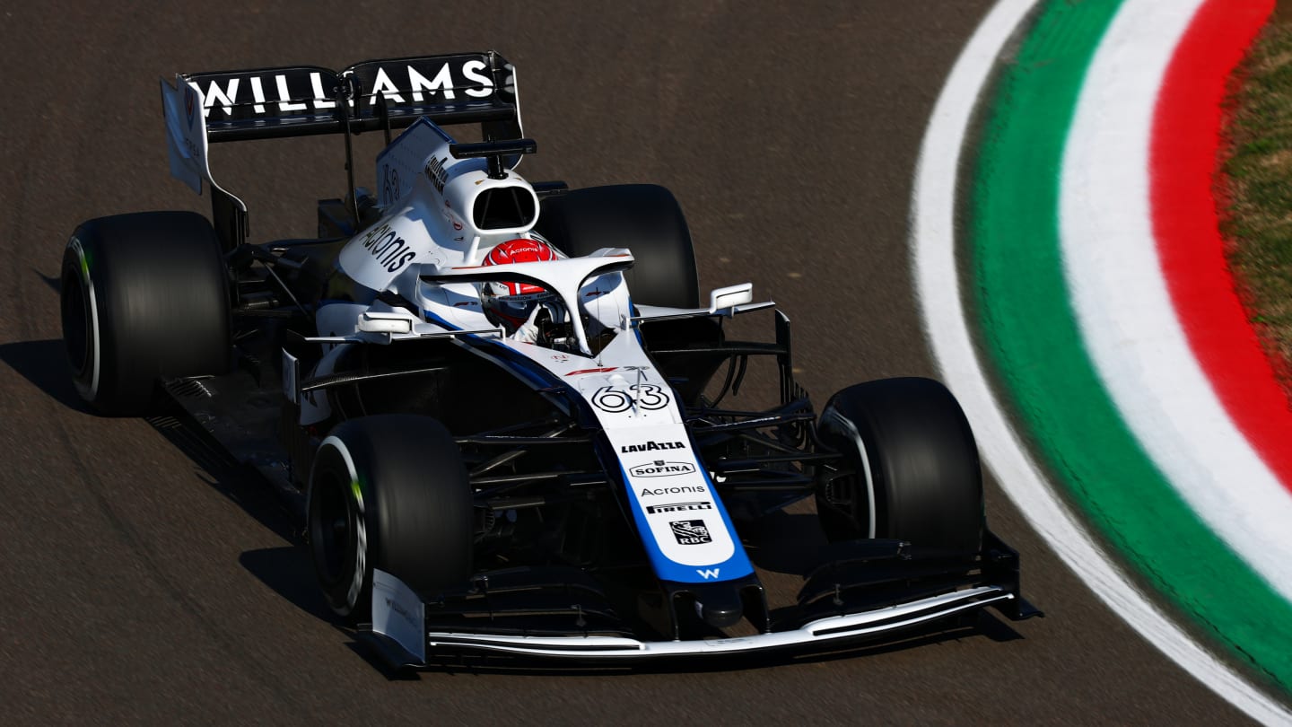 IMOLA, ITALY - OCTOBER 31: George Russell of Great Britain driving the (63) Williams Racing FW43 Mercedes during practice ahead of the F1 Grand Prix of Emilia Romagna at Autodromo Enzo e Dino Ferrari on October 31, 2020 in Imola, Italy. (Photo by Dan Istitene - Formula 1/Formula 1 via Getty Images)