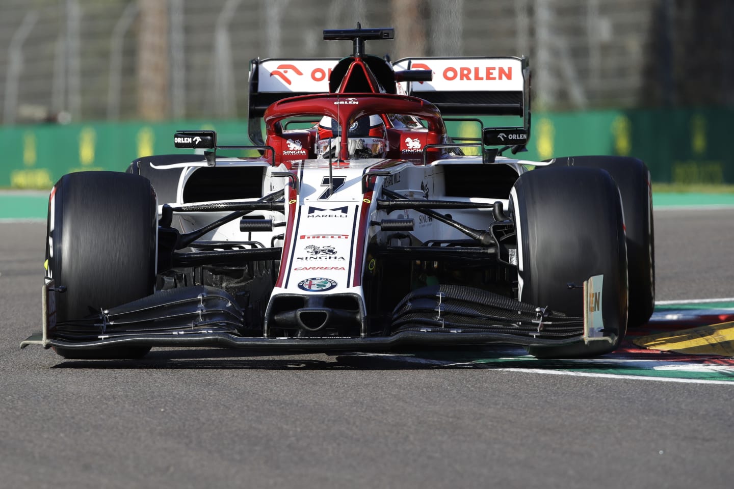 IMOLA, ITALY - OCTOBER 31: Kimi Raikkonen of Finland driving the (7) Alfa Romeo Racing C39 Ferrari