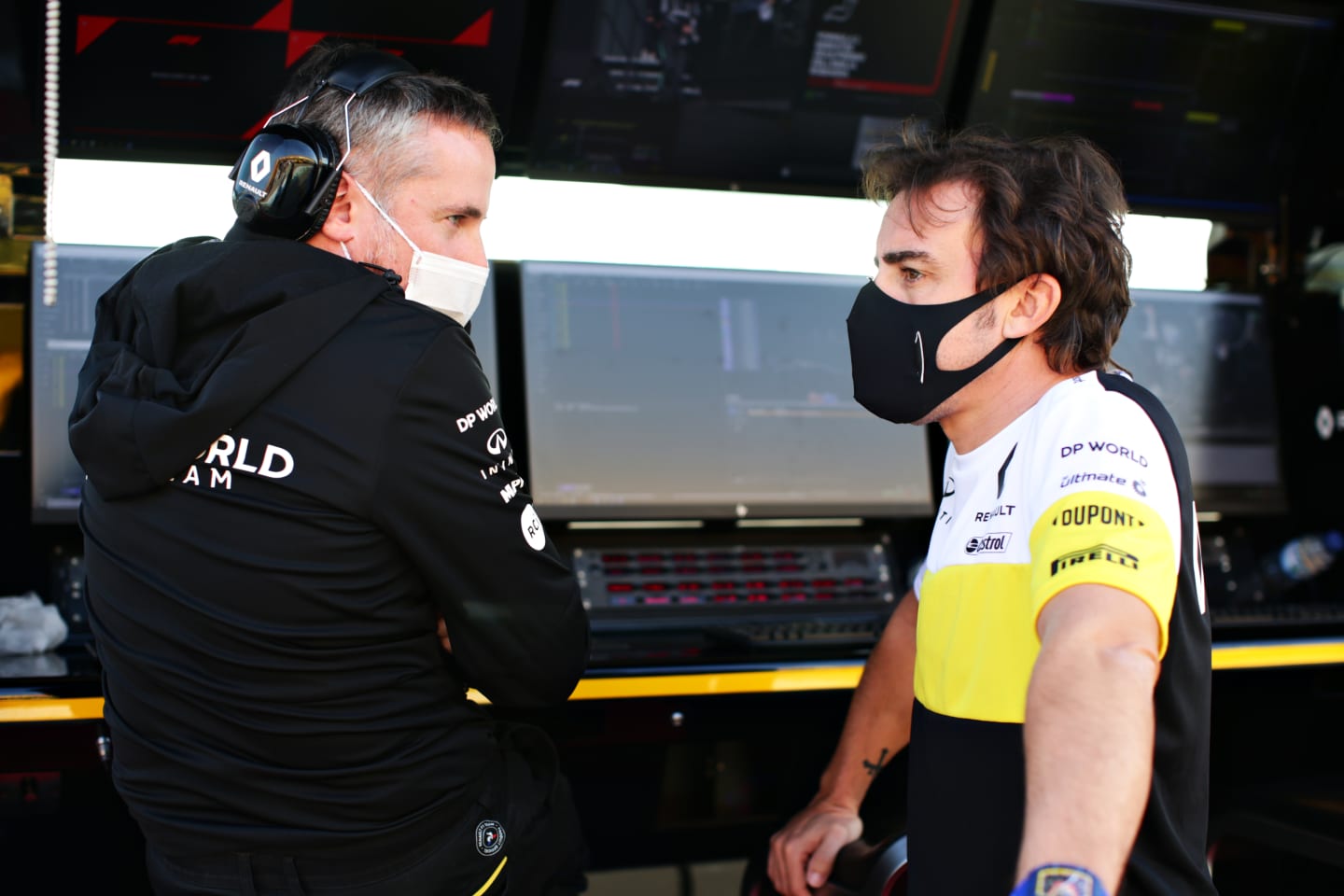 IMOLA, ITALY - OCTOBER 31: Fernando Alonso of Spain and Renault Sport F1 looks on from the pitwall