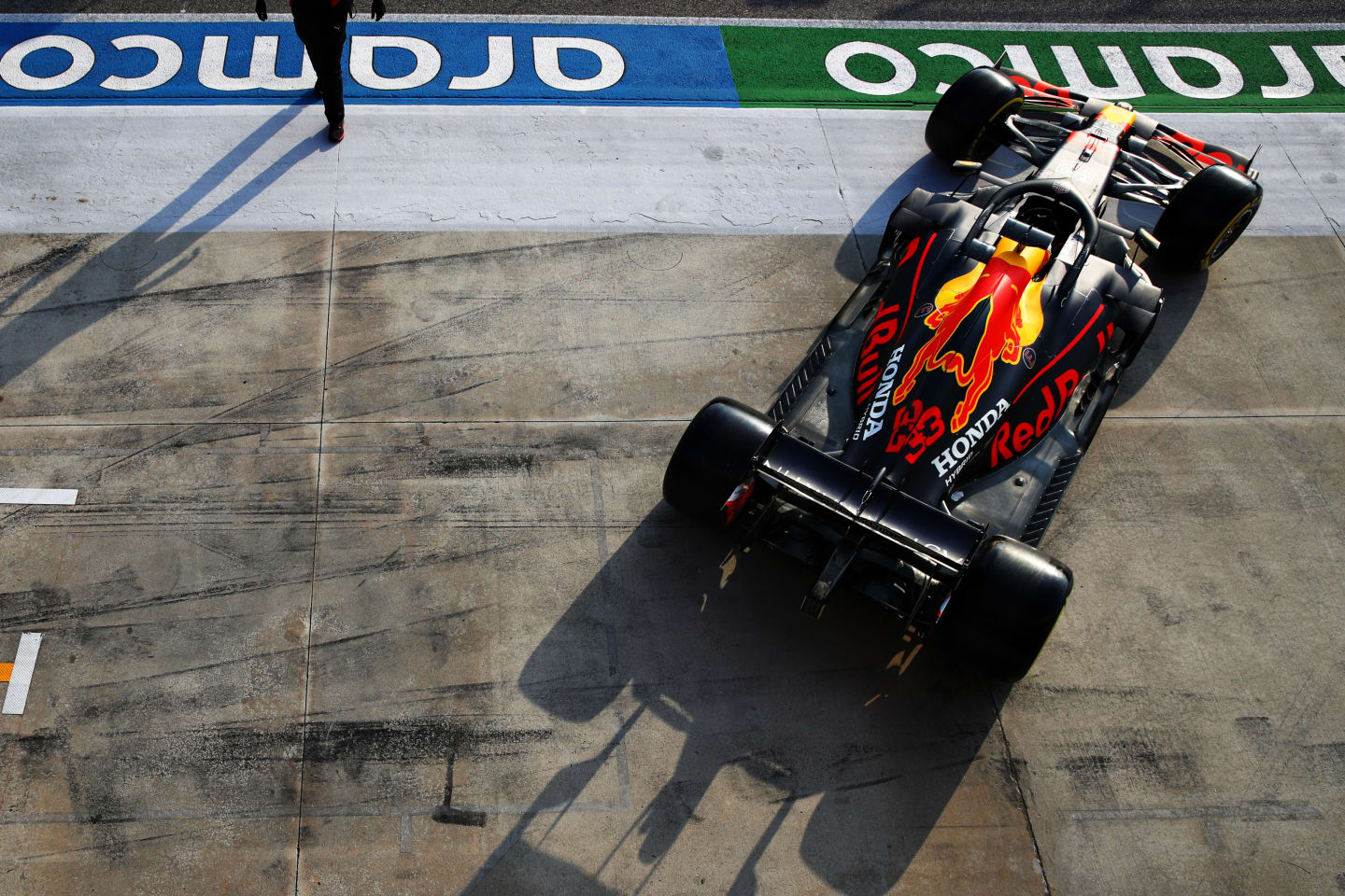 IMOLA, ITALY - OCTOBER 31: Max Verstappen of the Netherlands driving the (33) Aston Martin Red Bull Racing RB16 leaves the garage during qualifying ahead of the F1 Grand Prix of Emilia Romagna at Autodromo Enzo e Dino Ferrari on October 31, 2020 in Imola, Italy. (Photo by Mark Thompson/Getty Images)