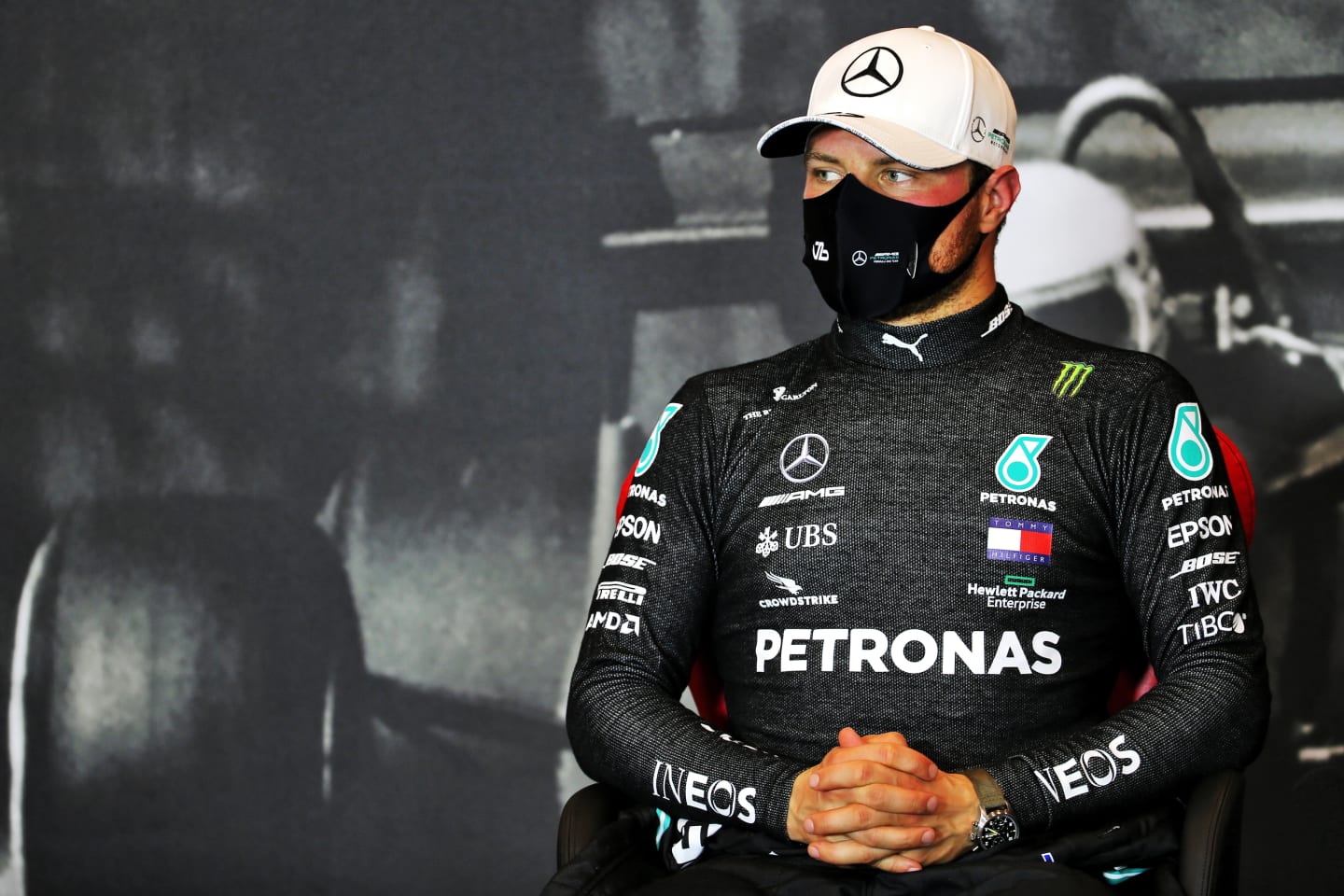 IMOLA, ITALY - OCTOBER 31: Pole position qualifier Valtteri Bottas of Finland and Mercedes GP talks