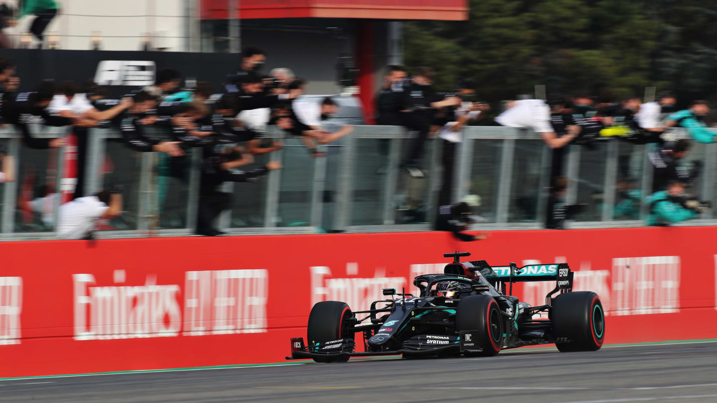 IMOLA, ITALY - NOVEMBER 01: Race winner Lewis Hamilton of Great Britain driving the (44) Mercedes