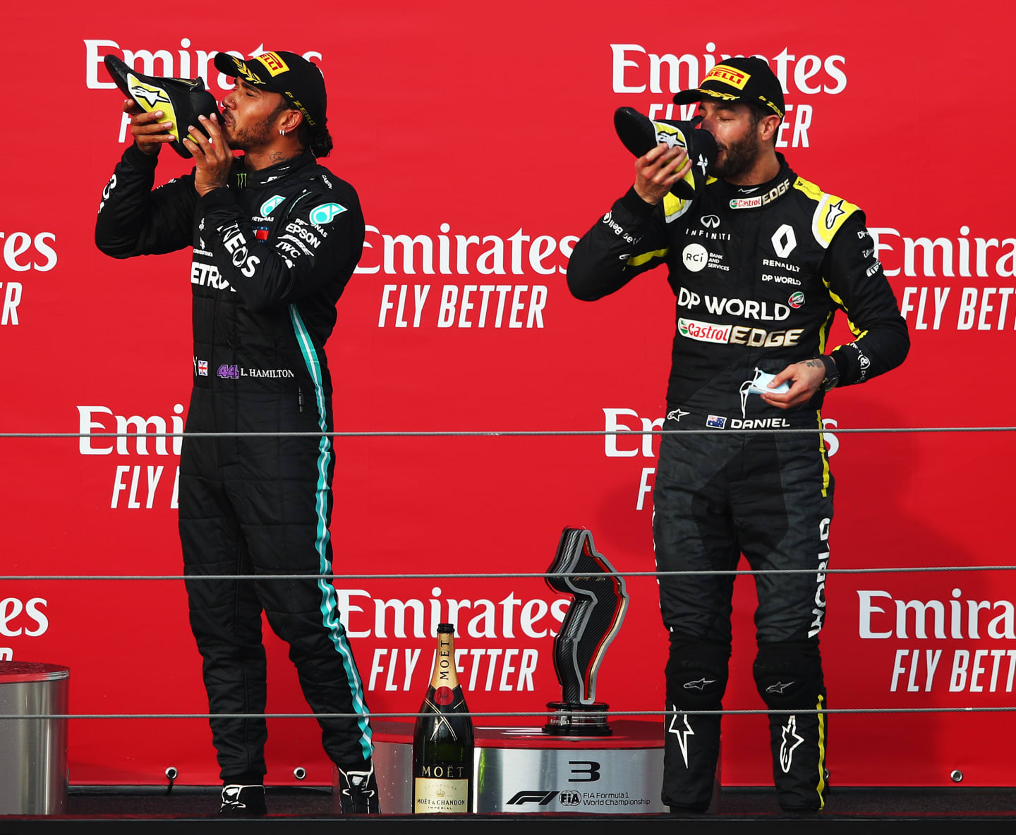 IMOLA, ITALY - NOVEMBER 01: Race winner Lewis Hamilton of Great Britain and Mercedes GP and third