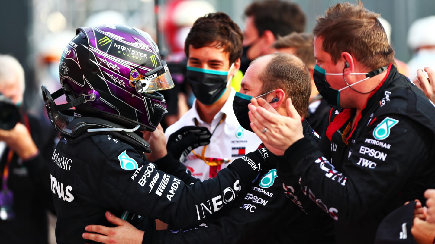 IMOLA, ITALY - NOVEMBER 01: Race winner Lewis Hamilton of Great Britain and Mercedes GP celebrates