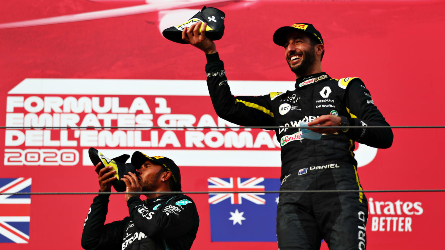 IMOLA, ITALY - NOVEMBER 01: Race winner Lewis Hamilton of Great Britain and Mercedes GP and third