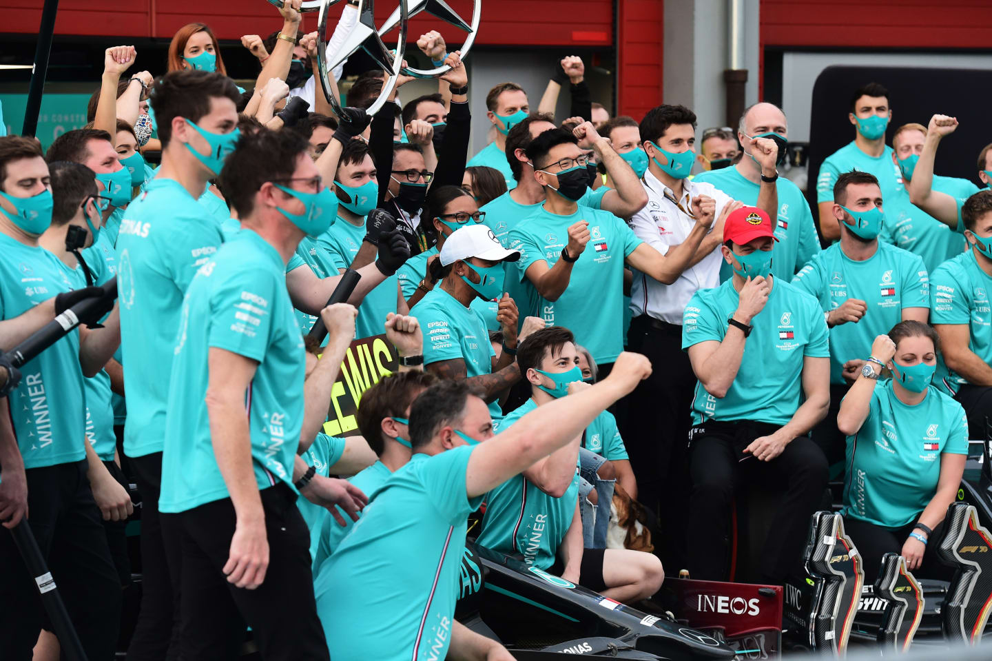 IMOLA, ITALY - NOVEMBER 01: Race winner Lewis Hamilton of Great Britain and Mercedes GP celebrates