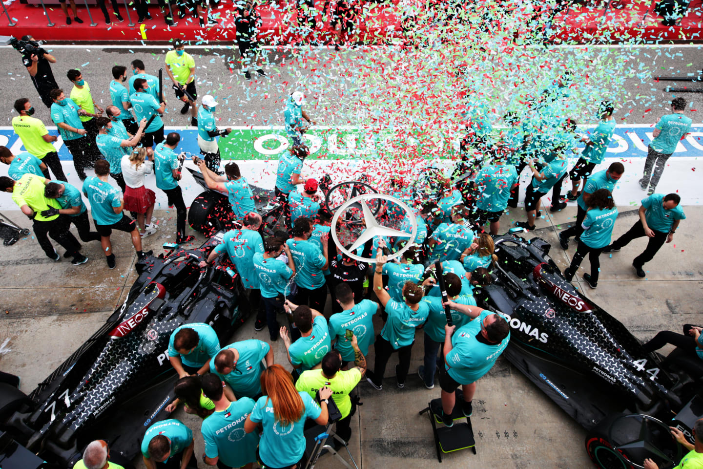 IMOLA, ITALY - NOVEMBER 01: The Mercedes GP team celebrate after winning a 7th consecutive F1 Constructors Championshop during the F1 Grand Prix of Emilia Romagna at Autodromo Enzo e Dino Ferrari on November 01, 2020 in Imola, Italy. (Photo by Peter Fox/Getty Images)