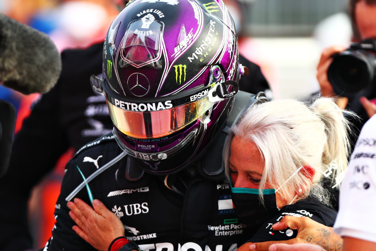 IMOLA, ITALY - NOVEMBER 01: Race winner Lewis Hamilton of Great Britain and Mercedes GP with his