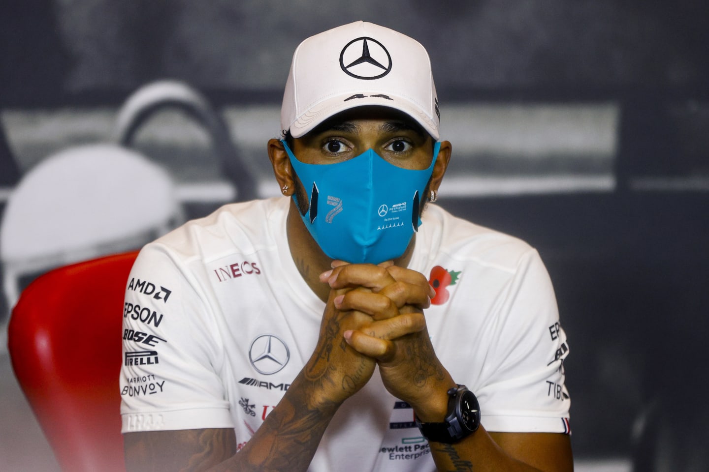 IMOLA, ITALY - NOVEMBER 01: Race winner Lewis Hamilton of Great Britain and Mercedes GP talks in