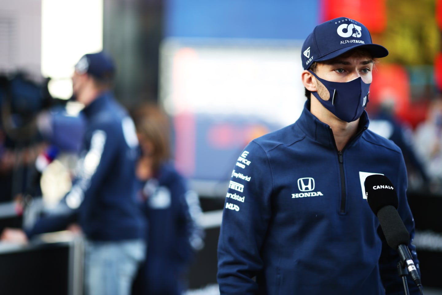 IMOLA, ITALY - OCTOBER 30: Pierre Gasly of France and Scuderia AlphaTauri talks to the media in the