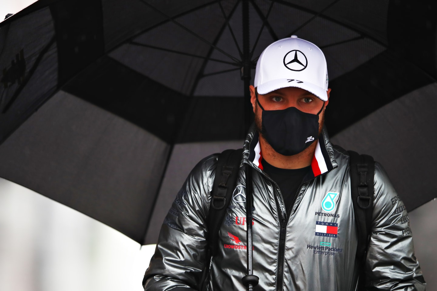 NUERBURG, GERMANY - OCTOBER 09: Valtteri Bottas of Finland and Mercedes GP walks in the Paddock during practice ahead of the F1 Eifel Grand Prix at Nuerburgring on October 09, 2020 in Nuerburg, Germany. (Photo by Mark Thompson/Getty Images)