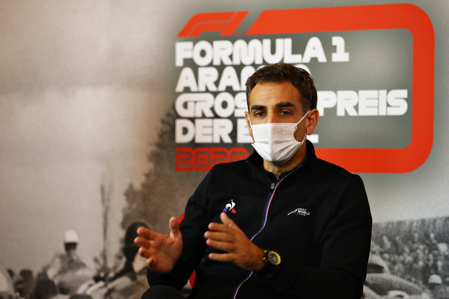 NUERBURG, GERMANY - OCTOBER 09: Renault Sport F1 Managing Director Cyril Abiteboul talks in the Team Principals Press Conference during practice ahead of the F1 Eifel Grand Prix at Nuerburgring on October 09, 2020 in Nuerburg, Germany. (Photo by Joe Portlock/Getty Images)
