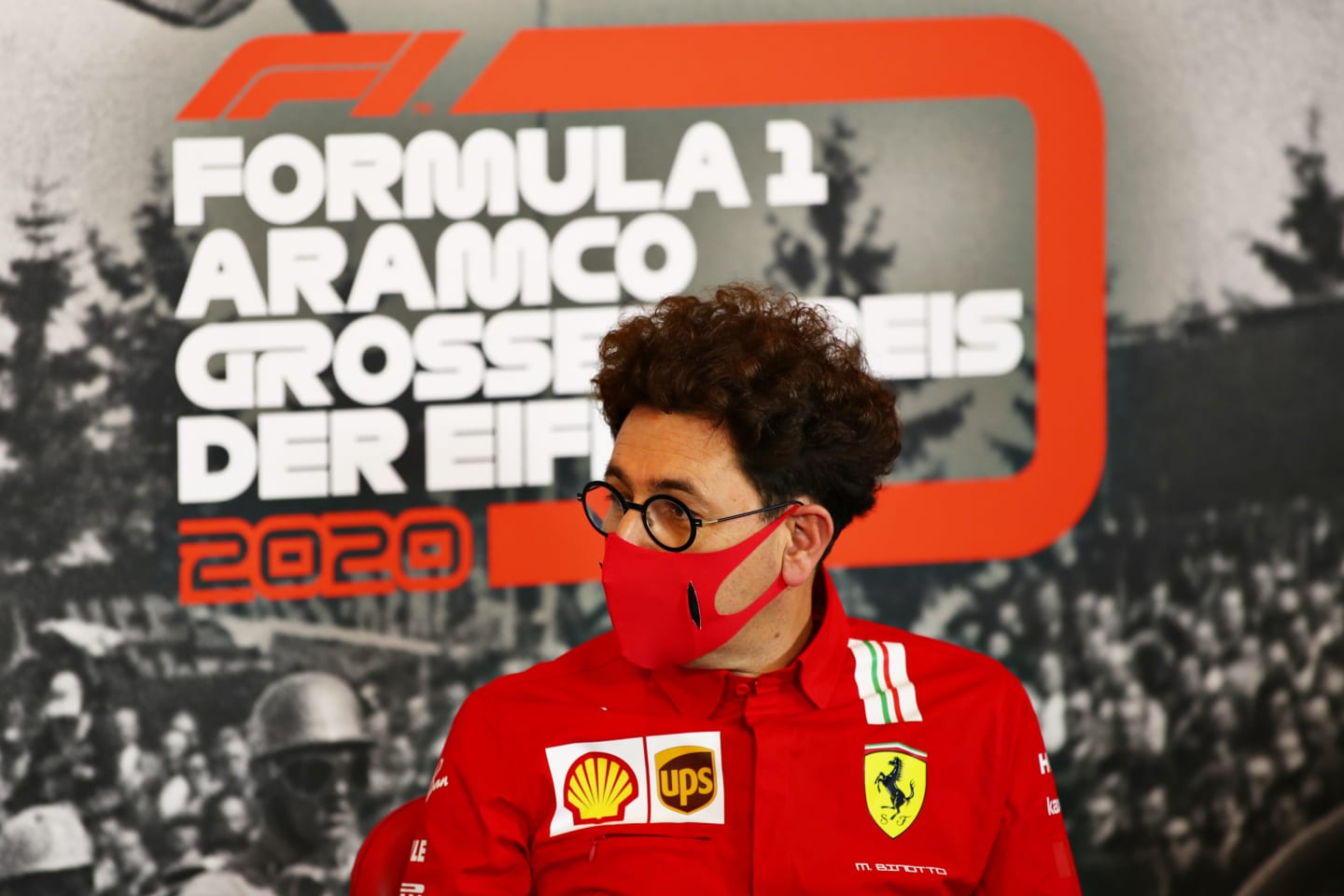 NUERBURG, GERMANY - OCTOBER 09: Scuderia Ferrari Team Principal Mattia Binotto talks in the Team Principals Press Conference during practice ahead of the F1 Eifel Grand Prix at Nuerburgring on October 09, 2020 in Nuerburg, Germany. (Photo by Joe Portlock/Getty Images)