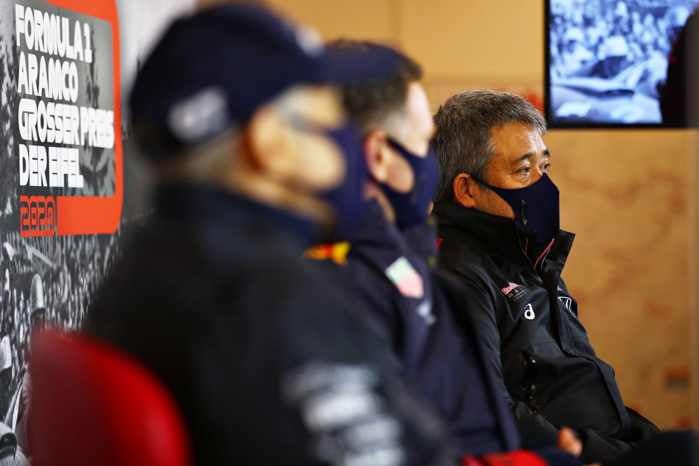 NUERBURG, GERMANY - OCTOBER 09: Masashi Yamamoto of Honda talks in the Team Principals Press Conference during practice ahead of the F1 Eifel Grand Prix at Nuerburgring on October 09, 2020 in Nuerburg, Germany. (Photo by Joe Portlock/Getty Images)