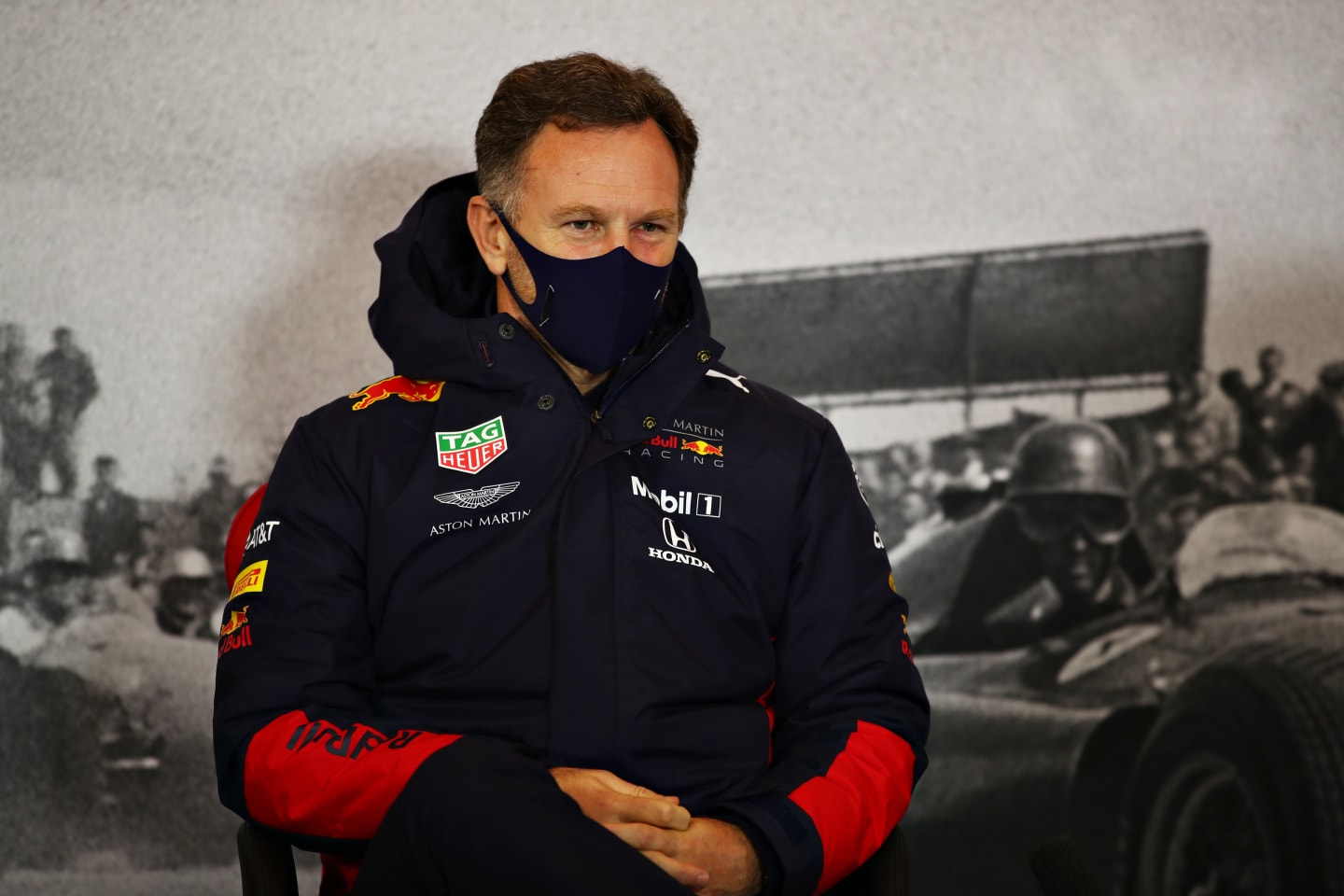 NUERBURG, GERMANY - OCTOBER 09: Red Bull Racing Team Principal Christian Horner talks in the Team Principals Press Conference during practice ahead of the F1 Eifel Grand Prix at Nuerburgring on October 09, 2020 in Nuerburg, Germany. (Photo by Joe Portlock/Getty Images)
