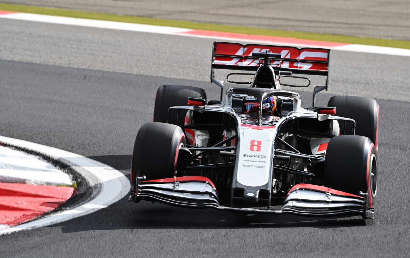 NUERBURG, GERMANY - OCTOBER 10: Romain Grosjean of France driving the (8) Haas F1 Team VF-20