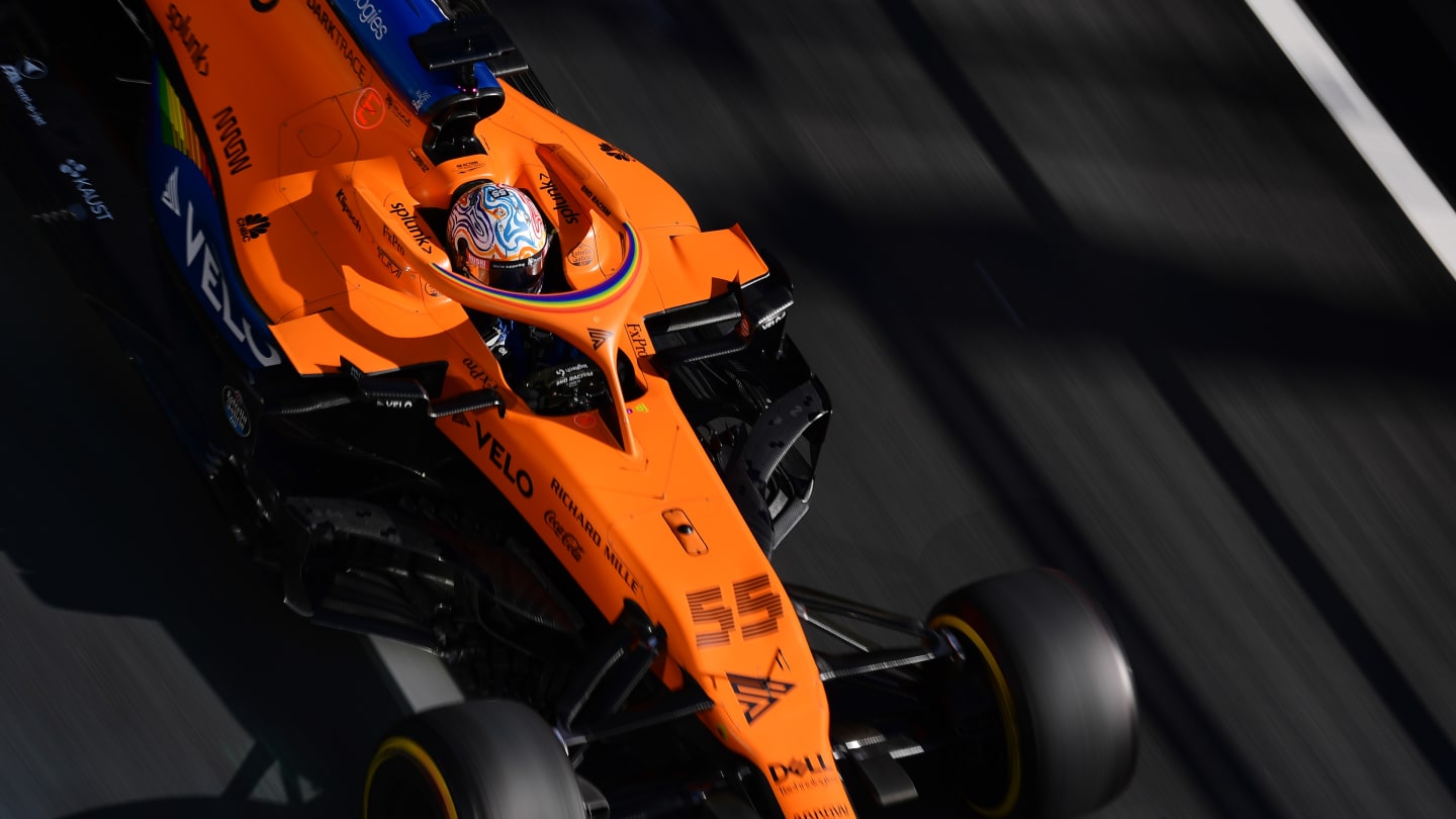 NUERBURG, GERMANY - OCTOBER 10: Carlos Sainz of Spain driving the (55) McLaren F1 Team MCL35