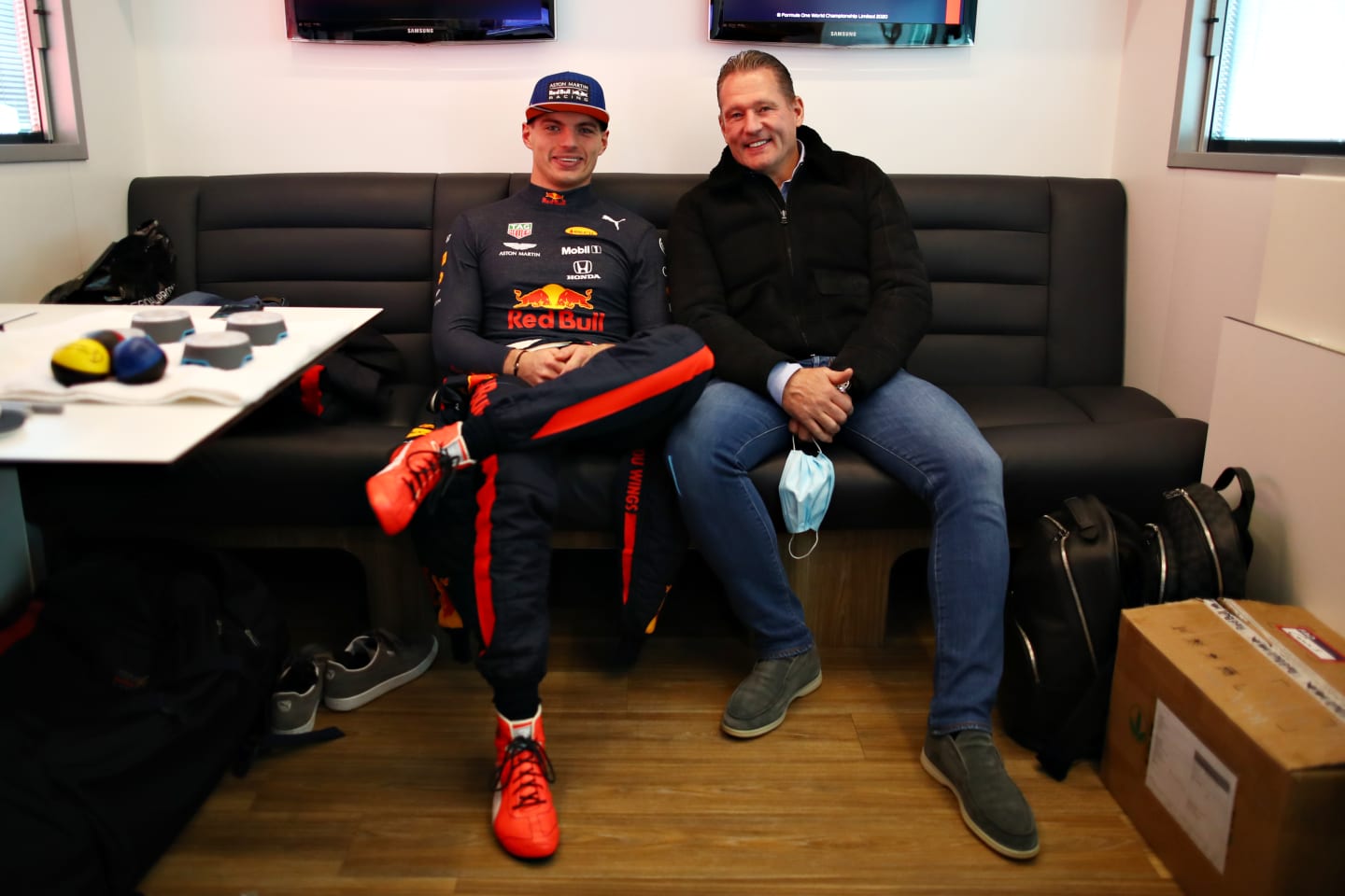NUERBURG, GERMANY - OCTOBER 10: Max Verstappen of Netherlands and Red Bull Racing and his father