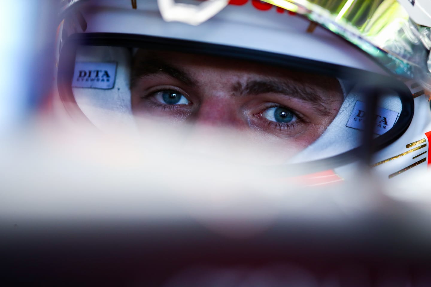 NUERBURG, GERMANY - OCTOBER 10: Max Verstappen of Netherlands and Red Bull Racing looks on in the garage during qualifying ahead of the F1 Eifel Grand Prix at Nuerburgring on October 10, 2020 in Nuerburg, Germany. (Photo by Mark Thompson/Getty Images)