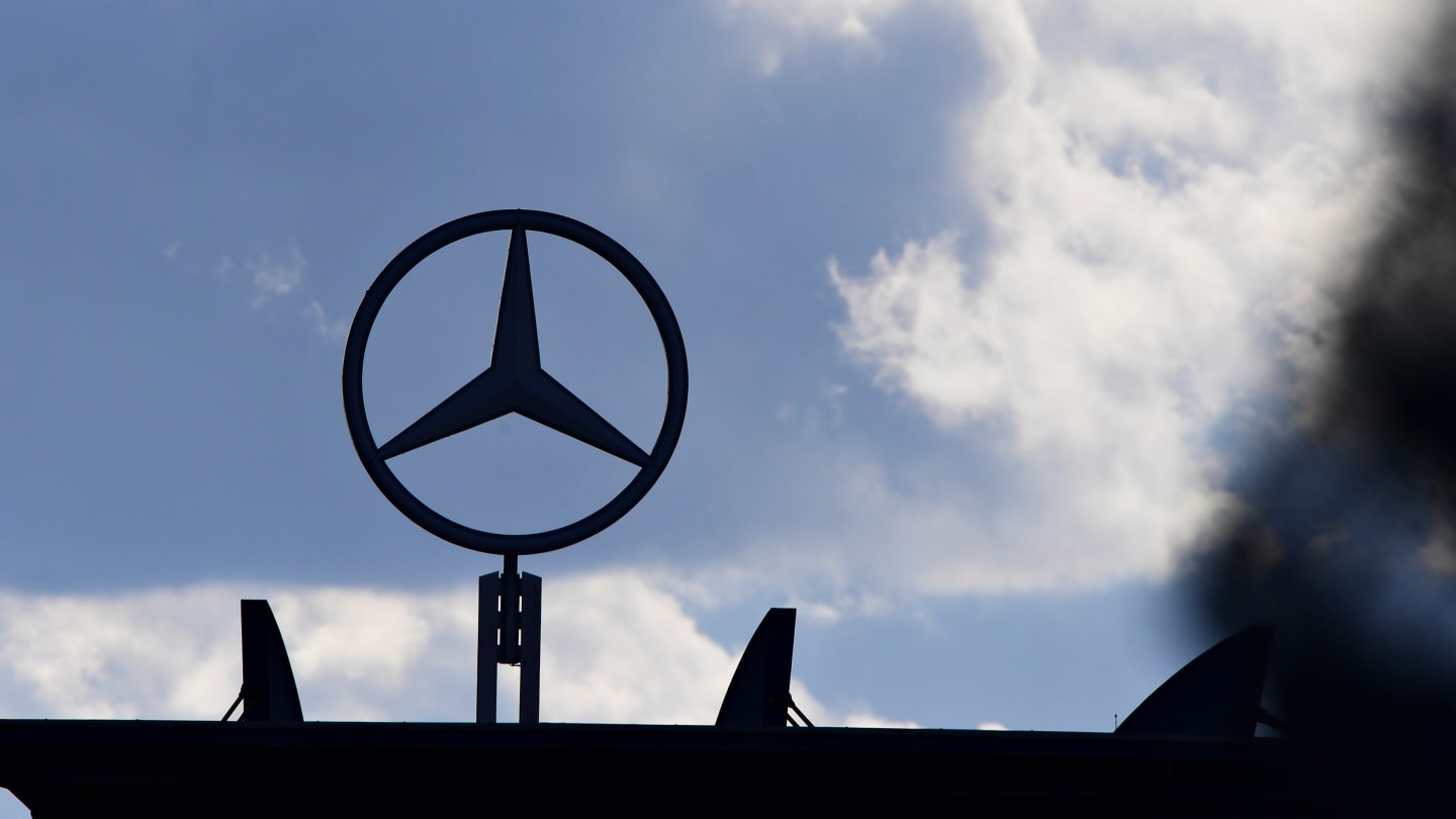 NUERBURG, GERMANY - OCTOBER 10: The Mercedes logo on top of a grandstand during qualifying ahead of