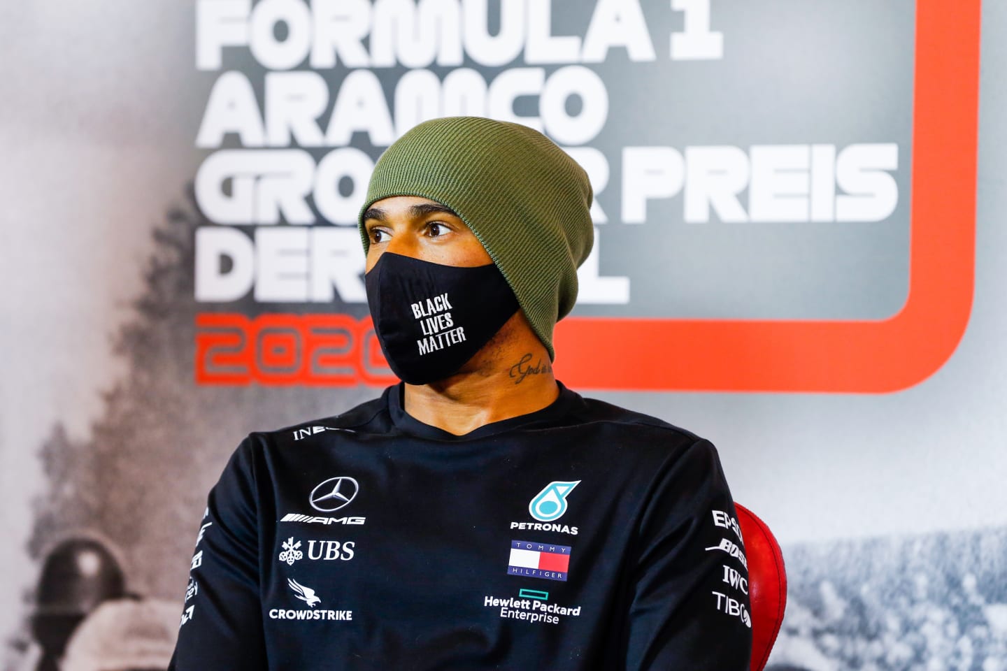 NUERBURG, GERMANY - OCTOBER 10: Second place qualifier Lewis Hamilton of Great Britain and Mercedes GP talks in a press conference after qualifying ahead of the F1 Eifel Grand Prix at Nuerburgring on October 10, 2020 in Nuerburg, Germany. (Photo by Antonin Vincent - Pool/Getty Images)