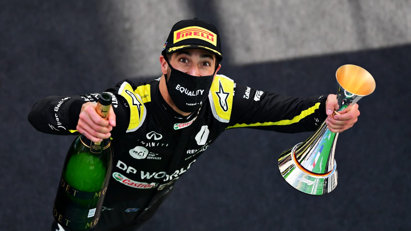 NUERBURG, GERMANY - OCTOBER 11: Third placed Daniel Ricciardo of Australia and Renault Sport F1