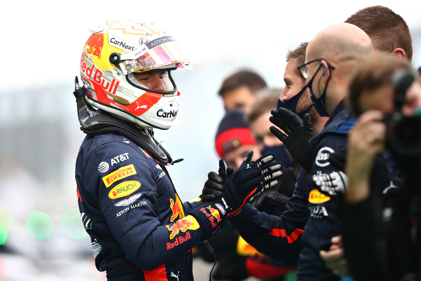 NUERBURG, GERMANY - OCTOBER 11: Second placed Max Verstappen of Netherlands and Red Bull Racing
