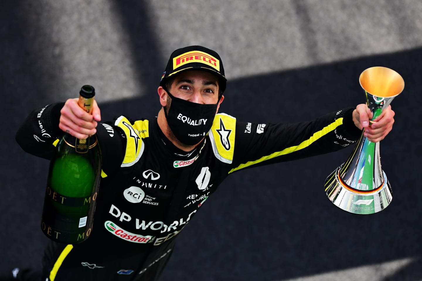 NUERBURG, GERMANY - OCTOBER 11: Third placed Daniel Ricciardo of Australia and Renault Sport F1